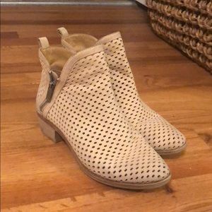 Beige suede laser cut ankle booties
